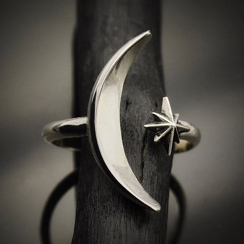 Adjustable Moon & Star Ring - Sterling Silver
