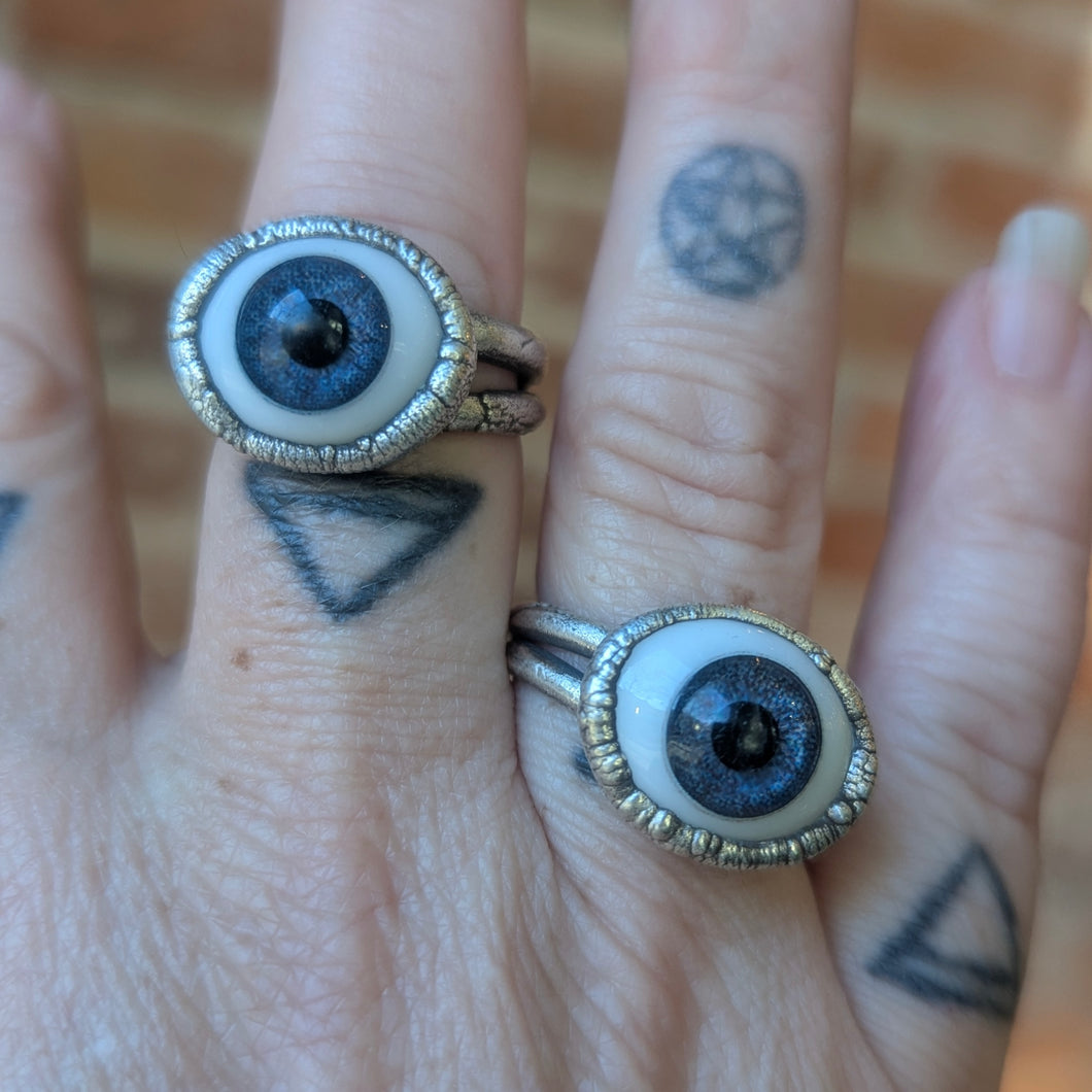 Blue Iris Glass Eye Ring - Sterling Silver