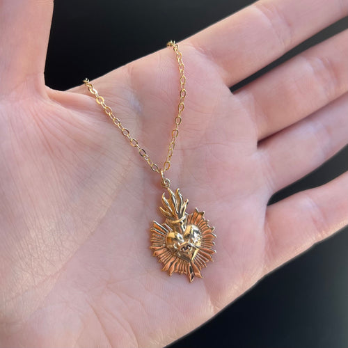 Flaming Sacred Heart Necklace - Bronze/Gold Filled