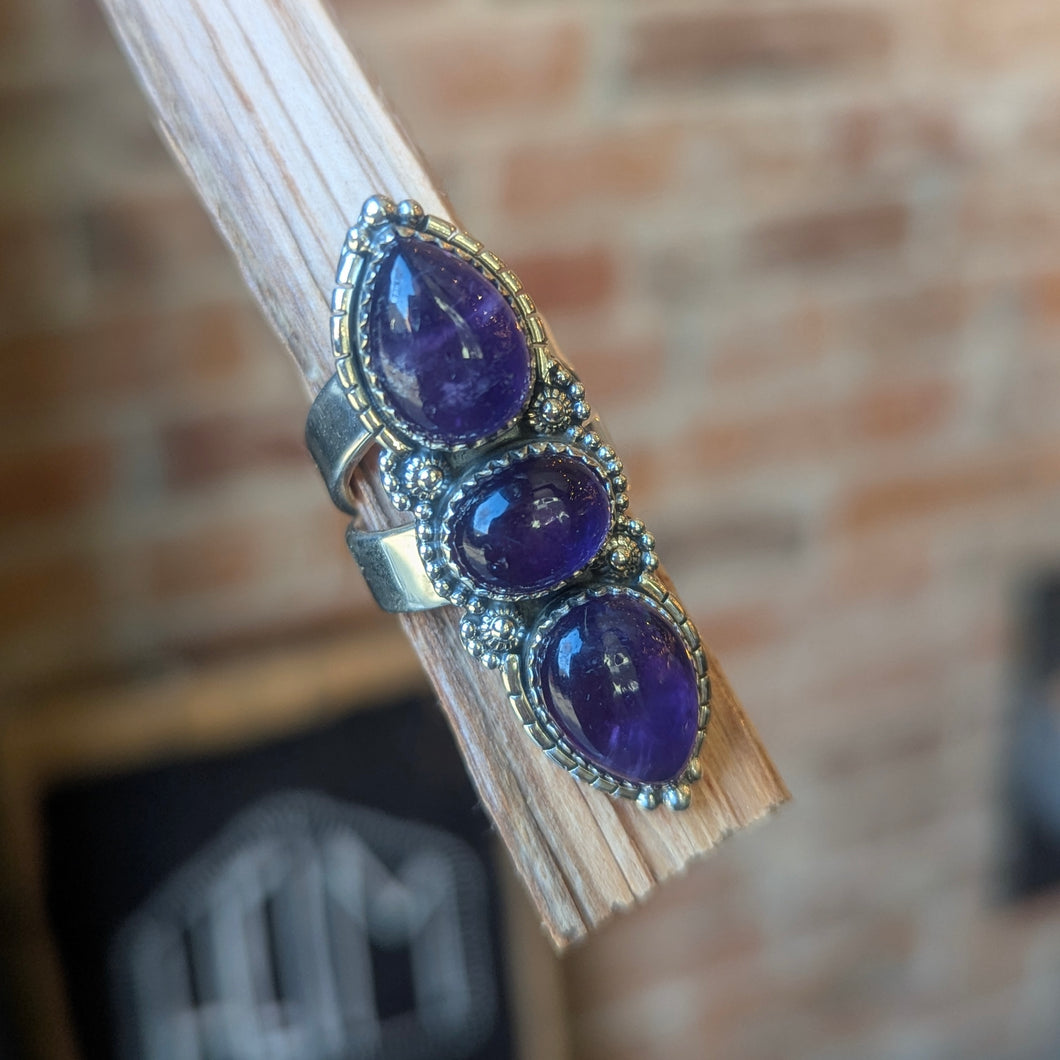 Adjustable Three Stone Amethyst Ring - Sterling Silver