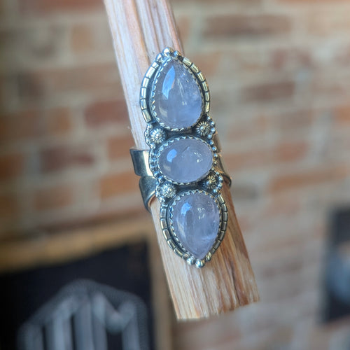 Adjustable Three Stone Rose Quartz Ring - Sterling Silver