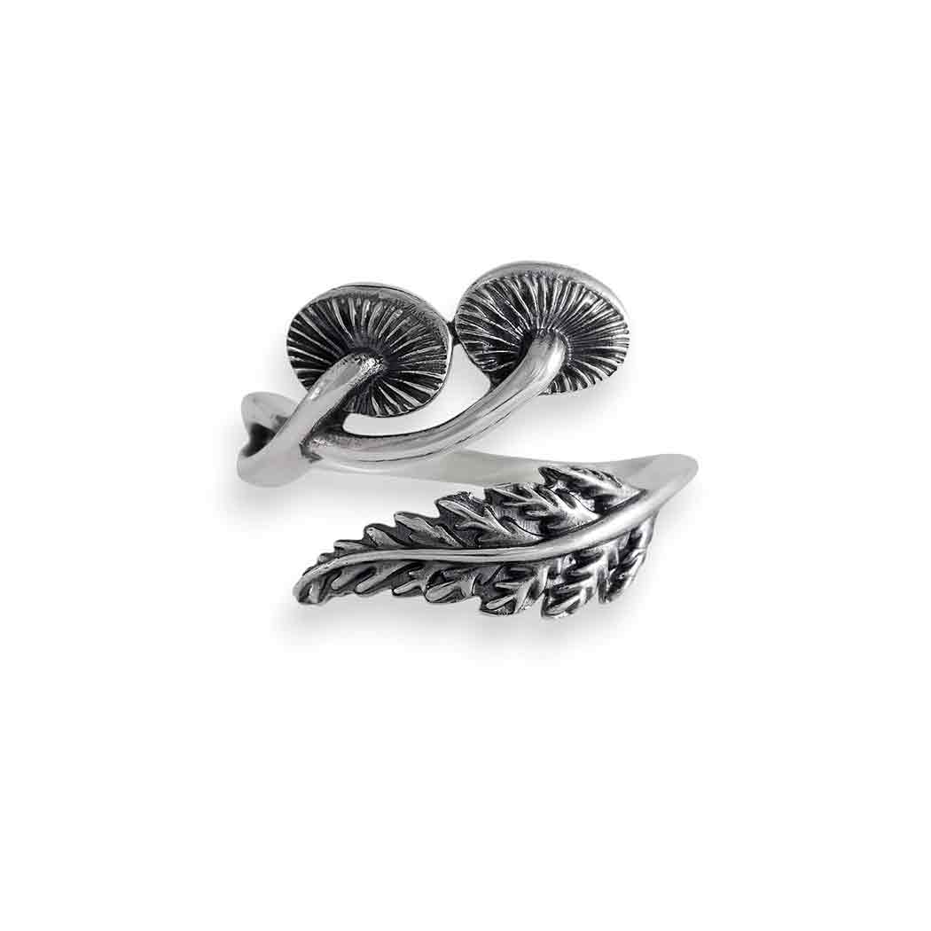 Adjustable Mushroom & Fern Ring - Sterling Silver