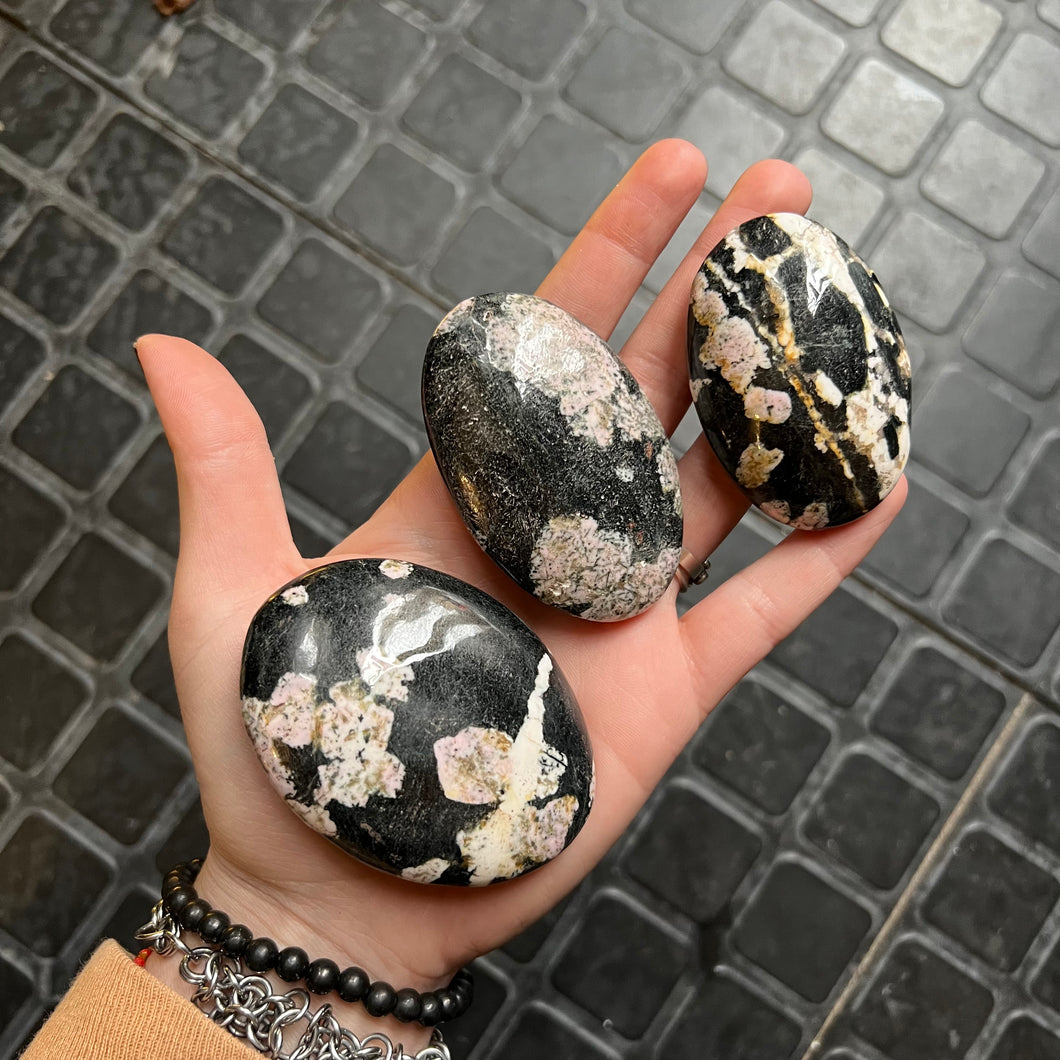 Black Jade with Pink Thulite Palmstone